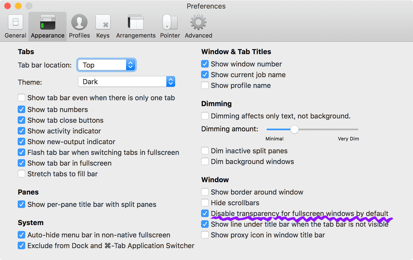 Preventing full-screen transparency in iTerm